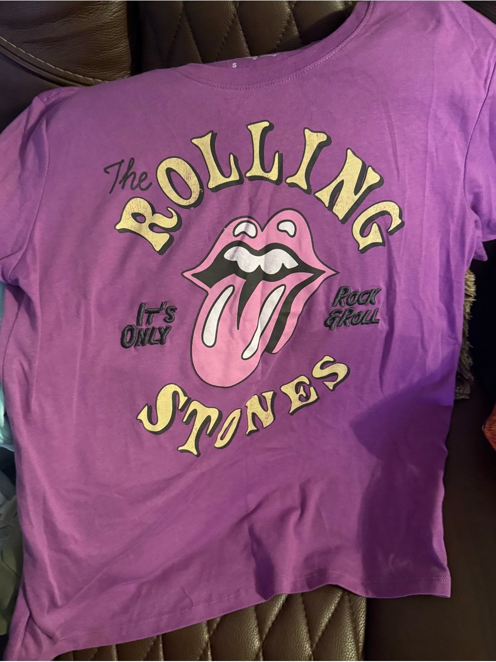 the Rolling Stones Purple Short Sleeve Tee with Pink Tongue Graphic